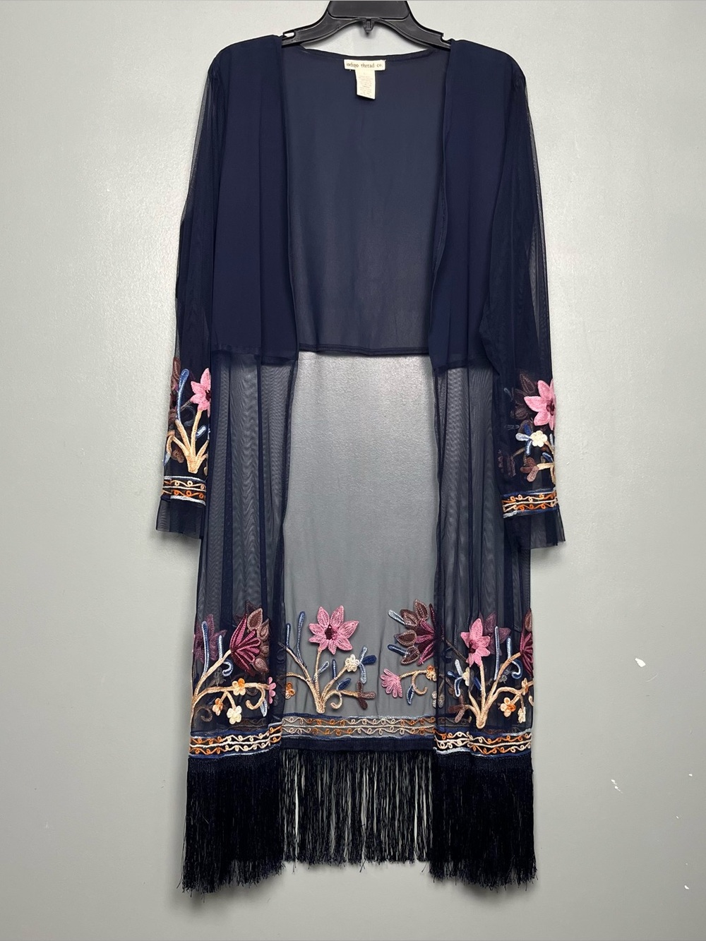 Bohemian Floral Mesh Kimono Fringe Embroidered Duster Navy Blue Women’s Size L
